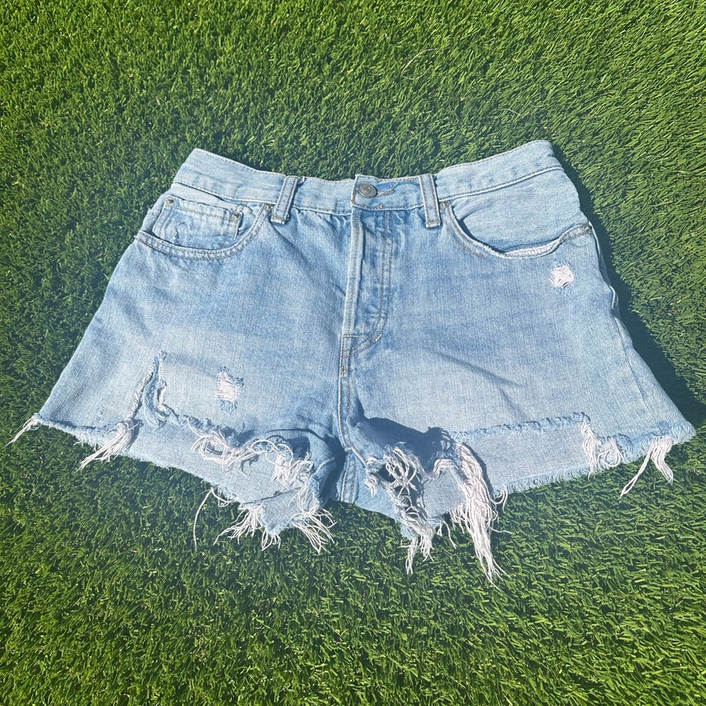 We The Free Blue High-Waisted Jean Shorts with Distressed Hem